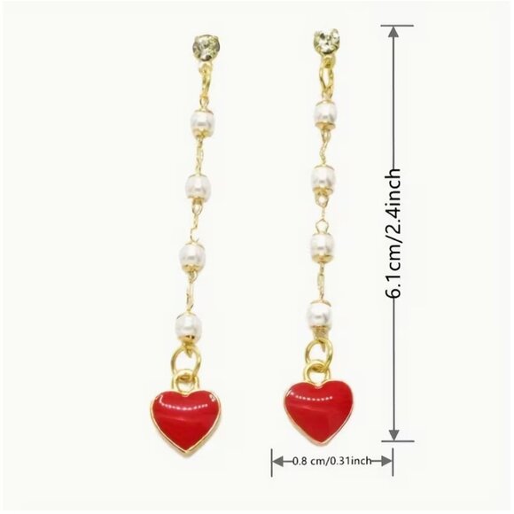 Betsey Johnson Red Enamel Heart Dangle Earrings Gold Tone - Picture 2 of 2